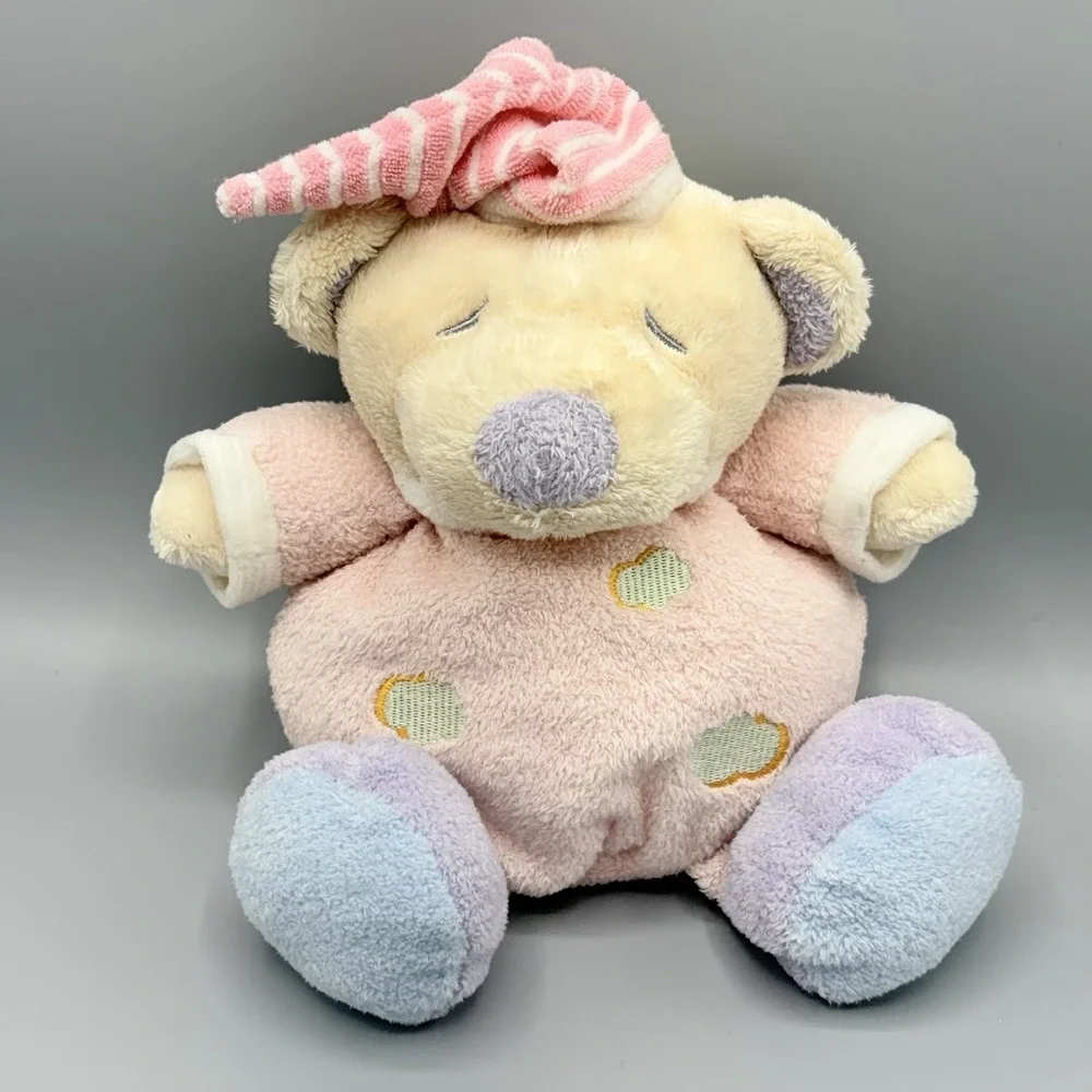 Soft Classic Pastel Teddy Bear w/Night Cap Plush Stuffed Baby Rattle Lovey 9.5